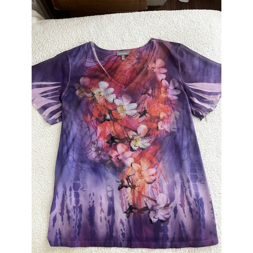 Essentials Plus Size 2X Purple Floral V-Neck Top Glitter Rhinestone Fairycore - Picture 5 of 9